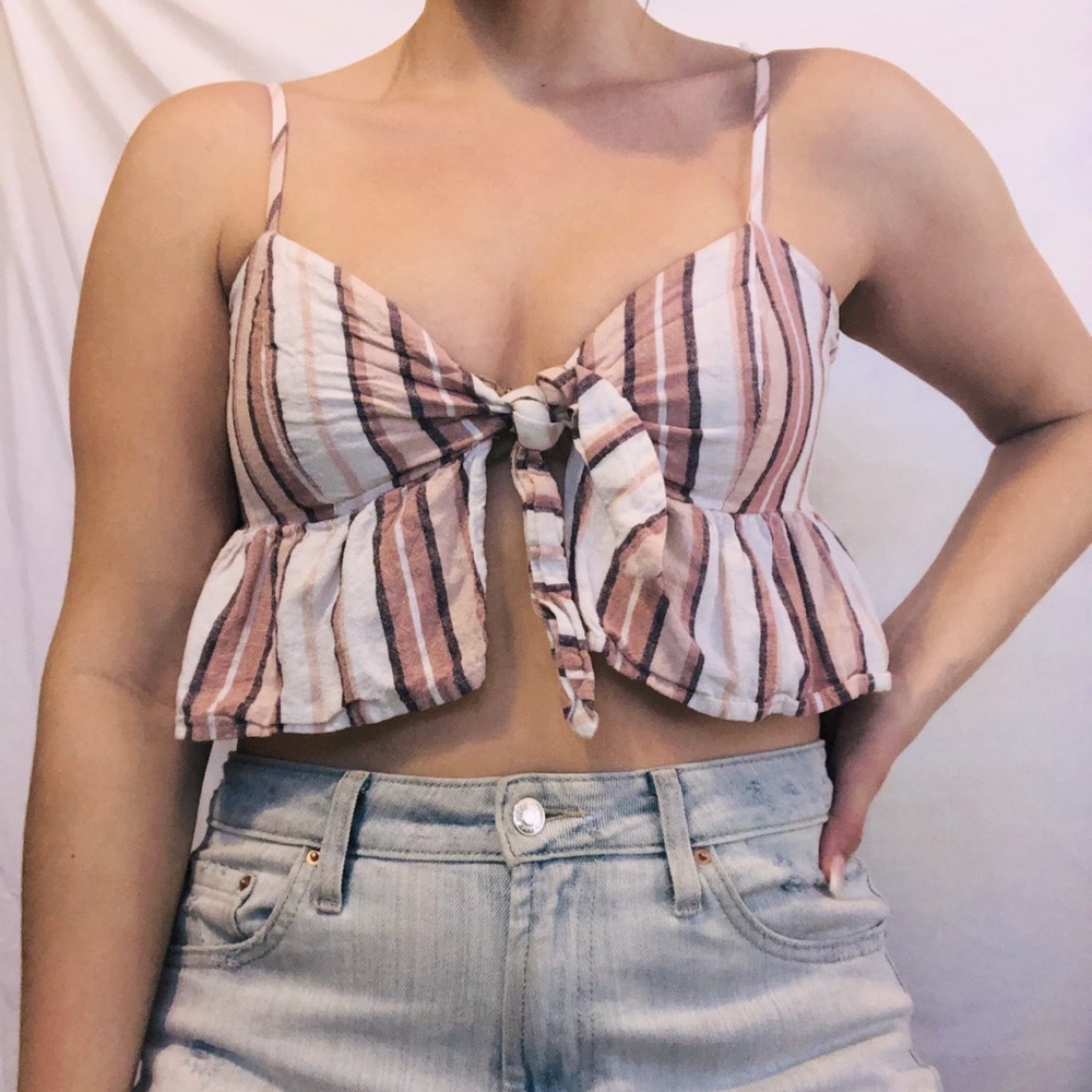 pink striped tie crop tank